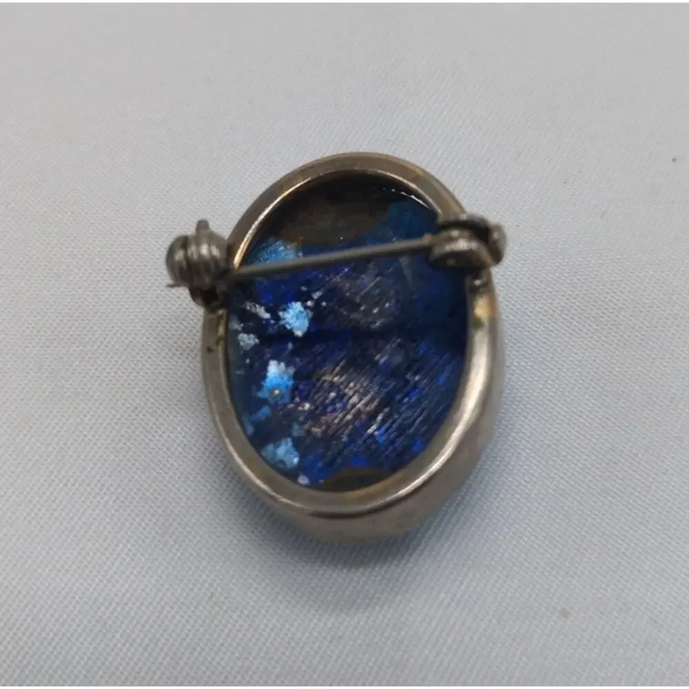 Blue Gold Foil Art Glass Cabochon Brooch Oval Faux Fire Opal Statement Pin Vtg